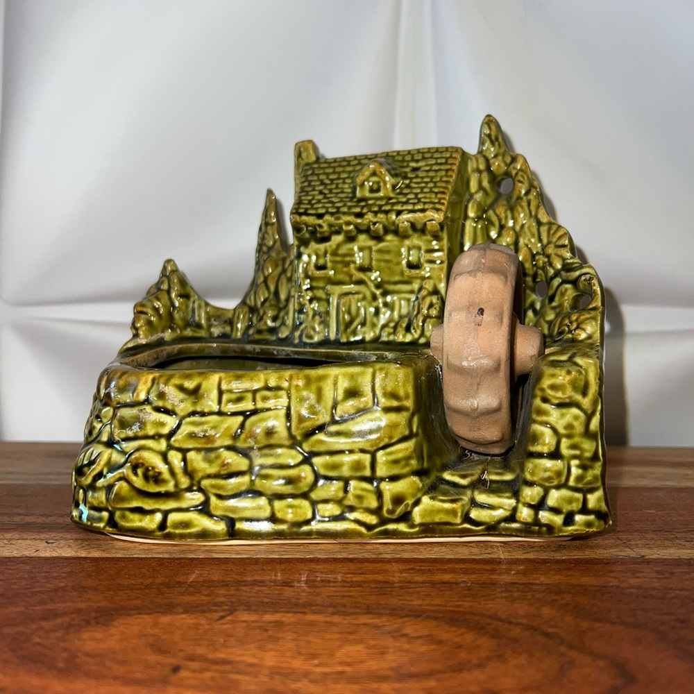 Rustic Green Ceramic Watermill Art Piece vintage 1950s Shawnee American pottery.